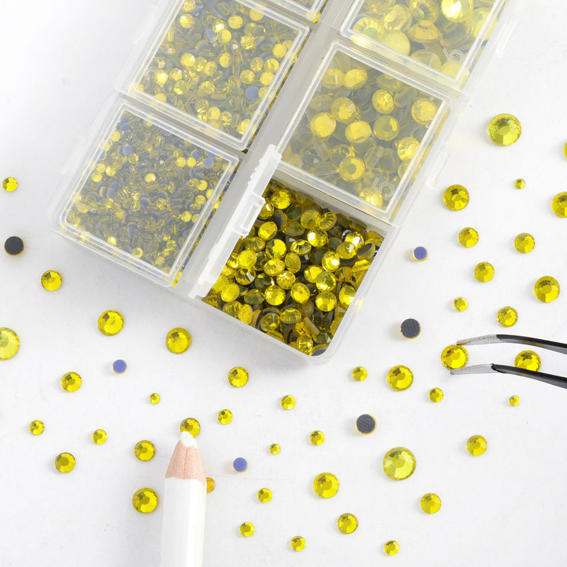 Hotfix Rhinestones 3960pcs, Rhinestone for Clothes, Hot Fix Crystals Rhinestones with Tweezers and Wax Pencil Kit,Mixed 5 Sizes, SS6-SS30, Lemon Yellow