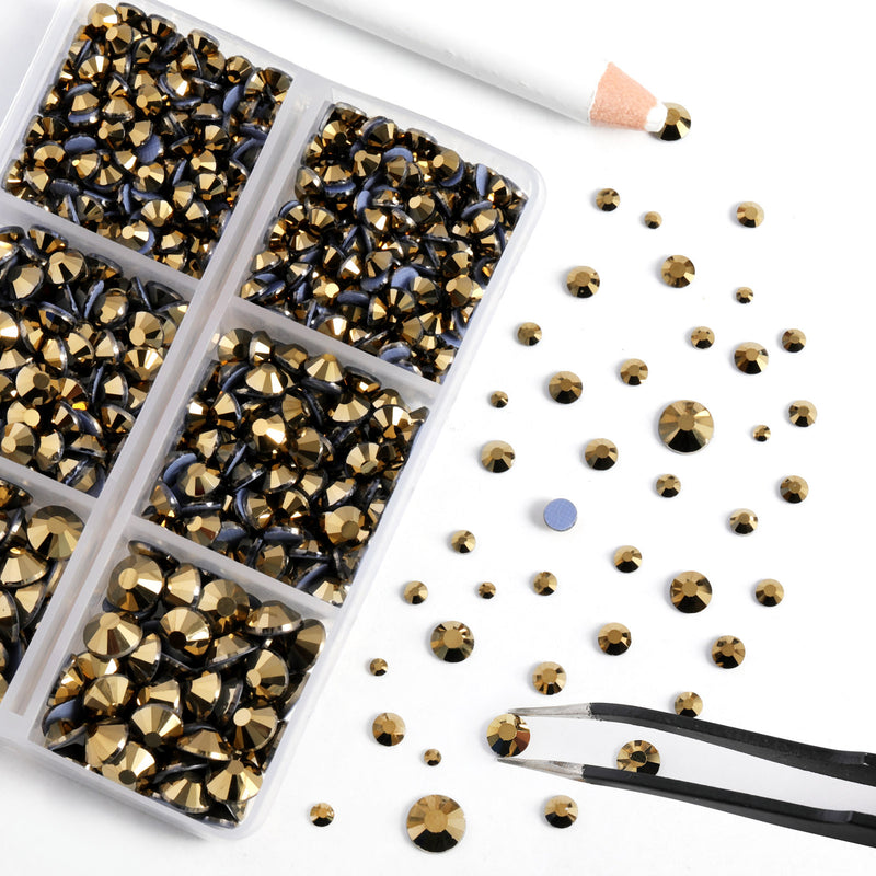 BEADSLAND Hotfix Rhinestones, 6080PCS Aurum Rhinestones for Clothes Crafts Mixed 6 Sizes with Wax Pencil and Tweezers Kit - Aurum