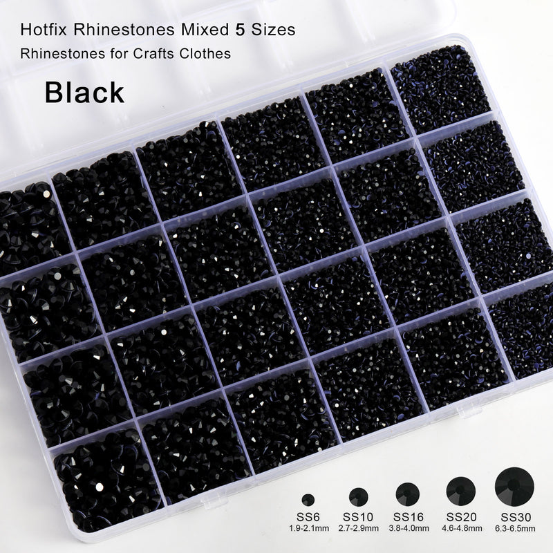 Black Hotfix Rhinestones Multi Sizes Kit, 14400 pcs Heat Fix Rhinestone for Bedazzling Clothes Crafts Mixed 5 Sizes with Wax Pencil, Tweezers and Spoon, SS6-SS30, Black