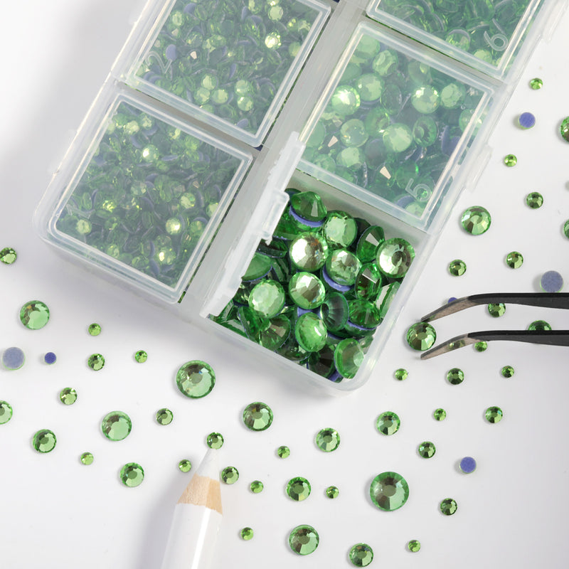 Hotfix Rhinestones 3960pcs, Rhinestone for Clothes, Hot Fix Crystals Rhinestones with Tweezers and Wax Pencil Kit,Mixed 5 Sizes, SS6-SS30, Light Green