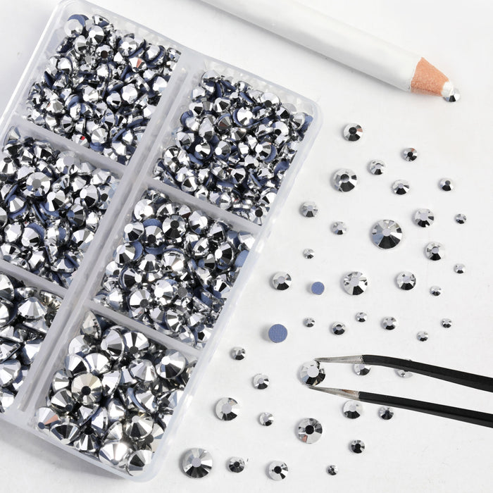 BEADSLAND Hotfix Rhinestones, 6080PCS Silver Rhinestones for Clothes Crafts Mixed 6 Sizes with Wax Pencil and Tweezers Kit - Silver Hematite