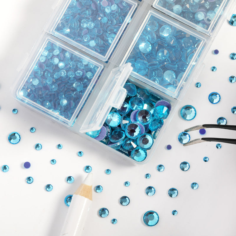 Hotfix Rhinestones 3960pcs, Rhinestone for Clothes, Hot Fix Crystals Rhinestones with Tweezers and Wax Pencil Kit,Mixed 5 Sizes, SS6-SS30, Aquamarine
