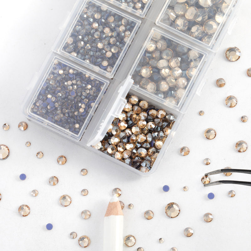 Hotfix Rhinestones 3960pcs, Rhinestone for Clothes, Hot Fix Crystals Rhinestones with Tweezers and Wax Pencil Kit,Mixed 5 Sizes, SS6-SS30, Golden Shadow