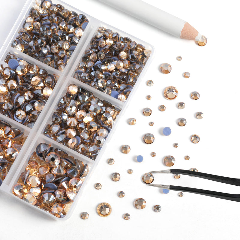 BEADSLAND Hotfix Rhinestones, 6080PCS Golden Rhinestones for Clothes Crafts Mixed 6 Sizes with Wax Pencil and Tweezers Kit - Golden Shadow