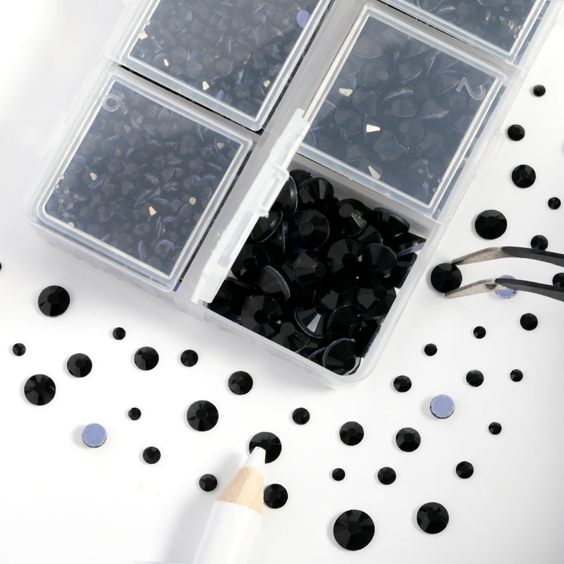 Hotfix Rhinestones 3960pcs, Rhinestone for Clothes, Hot Fix Crystals Rhinestones with Tweezers and Wax Pencil Kit,Mixed 5 Sizes, SS6-SS30, Jet Black