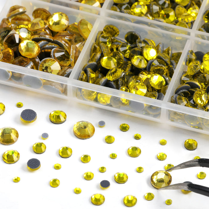 6736pcs Hotfix Rhinestones for Crafts Clothes Mixed 5 Sizes, Hotfix Crystals with Tweezers and Wax Pencil Kit, SS6-SS30-Lemon Yellow