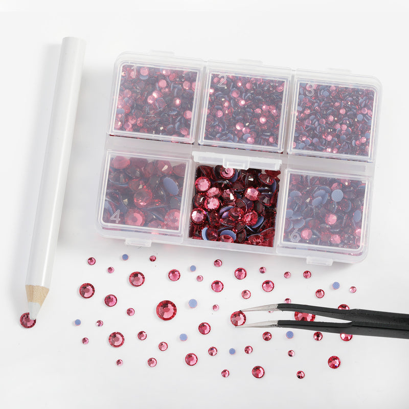 BEADSLAND Hotfix Rhinestones, 4000 PCS Rose Rhinestones for Clothes Crafts Mixed 6 Sizes with Wax Pencil and Tweezers Kit, SS6-SS30, Rose