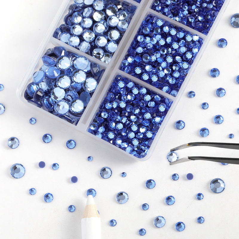 Hotfix Rhinestones 3960pcs, Rhinestone for Clothes, Hot Fix Crystals Rhinestones with Tweezers and Wax Pencil Kit,Mixed 5 Sizes, SS6-SS30, Light Sapphire