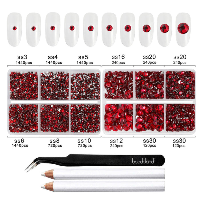 Beadsland 8300PCS Flatback Rhinestones, Nail Gems Round Crystal Rhinestones for Crafts, Mixed 10 Sizes with Wax Pencil and Tweezer Kit, SS3-SS30-Siam