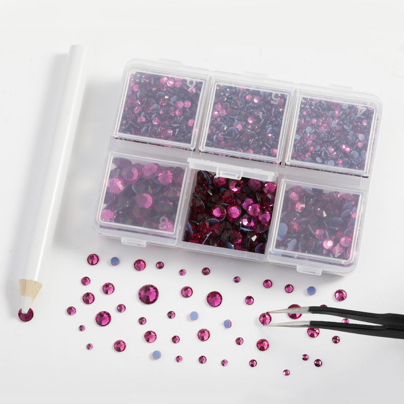 BEADSLAND Hotfix Rhinestones, 4000 PCS Fuchsia Rhinestones for Clothes Crafts Mixed 6 Sizes with Wax Pencil and Tweezers Kit, SS6-SS30, Fuchsia