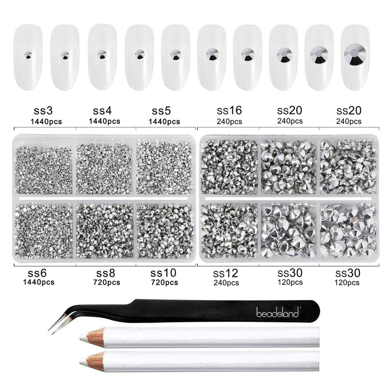 Beadsland 8300PCS Flatback Rhinestones, Nail Gems Round Crystal Rhinestones for Crafts, Mixed 10 Sizes with Wax Pencil and Tweezer Kit, SS3-SS30-Silver Hematite