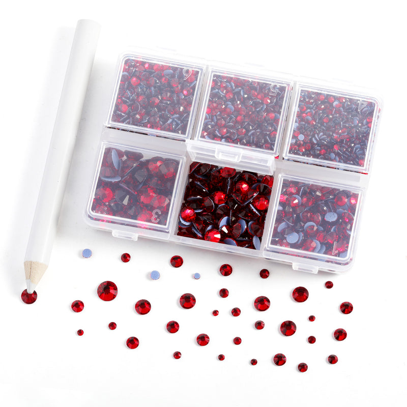 BEADSLAND Hotfix Rhinestones, 4000 PCS Red Rhinestones for Clothes Crafts Mixed 6 Sizes with Wax Pencil and Tweezers Kit, SS6-SS30, Siam