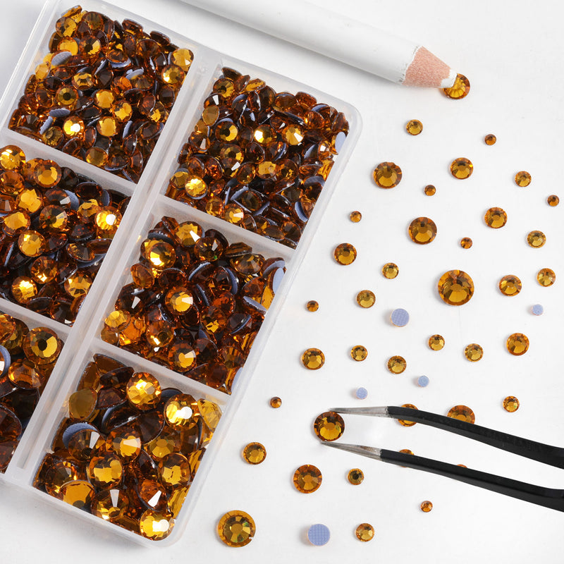 BEADSLAND Hotfix Rhinestones, 6080PCS Topaz Rhinestones for Clothes Crafts Mixed 6 Sizes with Wax Pencil and Tweezers Kit - Topaz