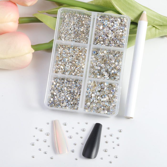 Beadsland 7200 piezas de diamantes de imitación con reverso plano, gemas para uñas, diamantes de imitación de cristal redondos para manualidades, 6 tamaños mezclados con kit de lápiz de cera, SS3-SS10 - Bluemoonlight
