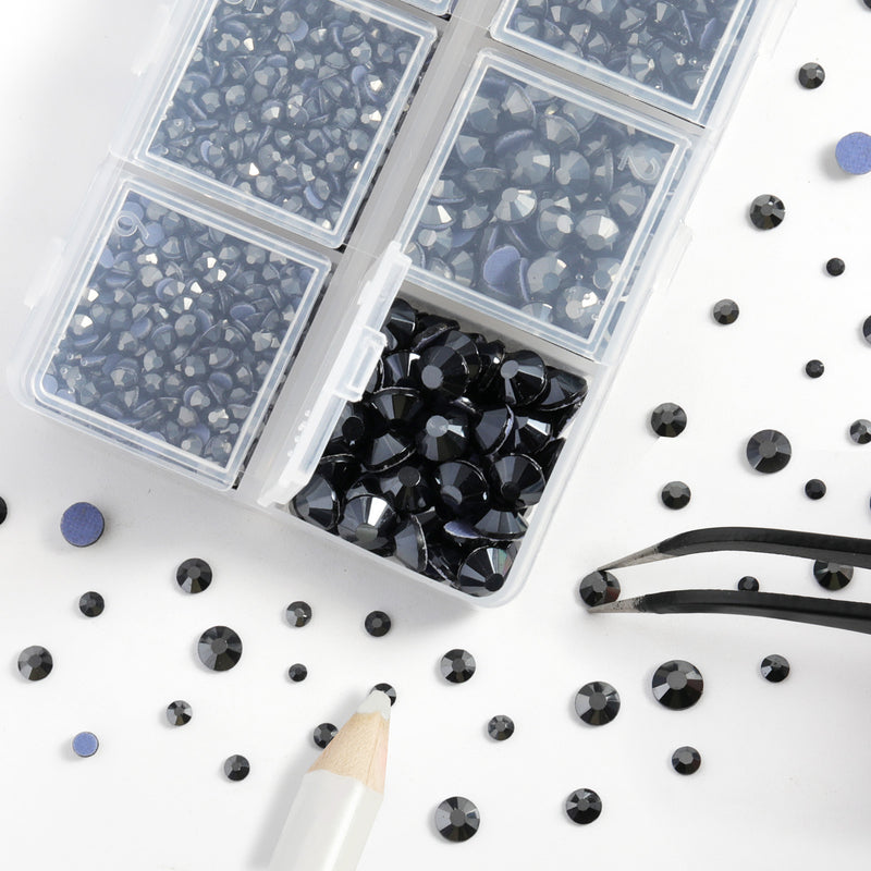 Hotfix Rhinestones 3960pcs, Rhinestone for Clothes, Hot Fix Crystals Rhinestones with Tweezers and Wax Pencil Kit,Mixed 5 Sizes, SS6-SS30, Jet Hematite