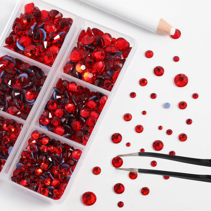 BEADSLAND Hotfix Rhinestones, 6080PCS Light Red Rhinestones for Clothes Crafts Mixed 6 Sizes with Wax Pencil and Tweezers Kit - Light Siam