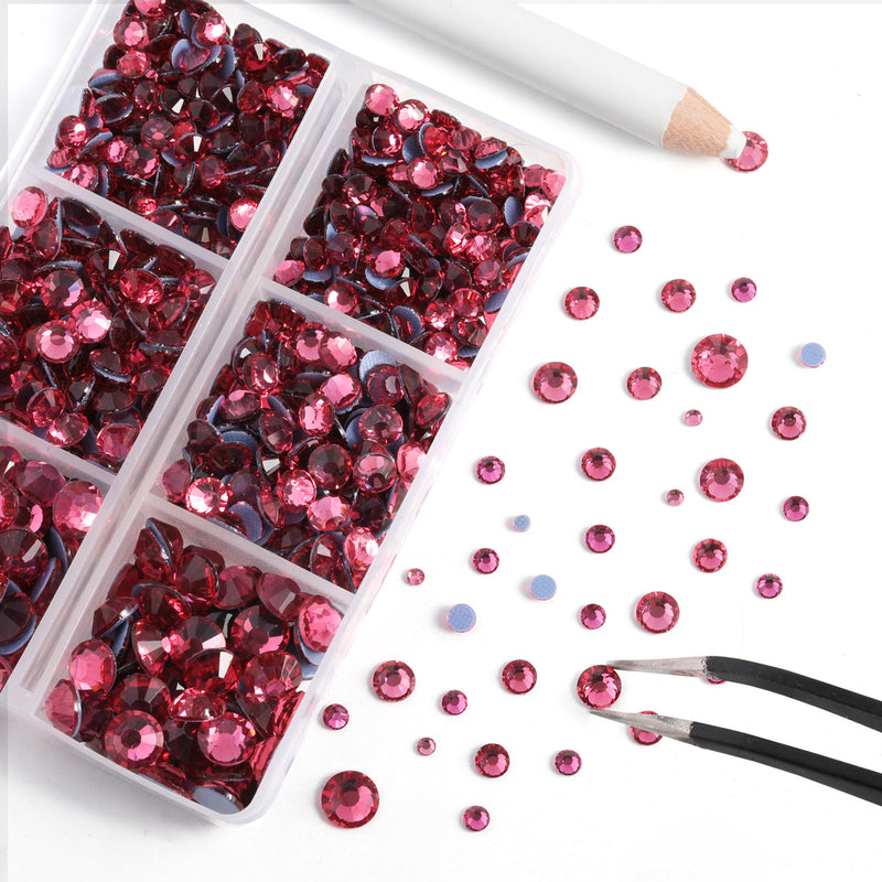 BEADSLAND Hotfix Rhinestones, 6080PCS Rose Rhinestones for Clothes Crafts Mixed 6 Sizes with Wax Pencil and Tweezers Kit - Rose