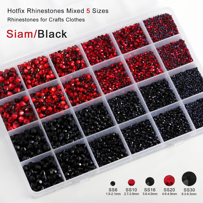 Hotfix Rhinestones Multi Sizes Kit, 14400 pcs Heat Fix Rhinestone for Bedazzling Clothes Crafts Mixed 5 Sizes with Wax Pencil, Tweezers and Spoon, SS6-SS30, Siam and Black