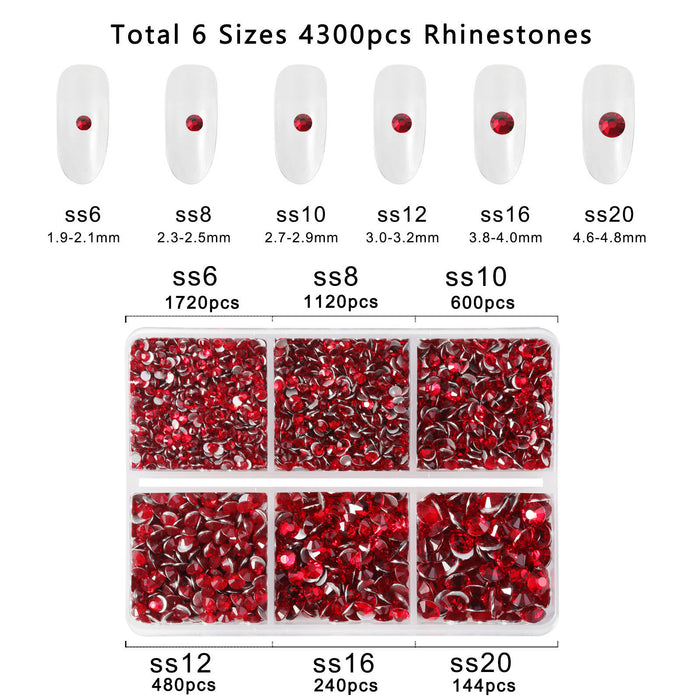 Beadsland 4300 Stück Strasssteine ​​mit flacher Rückseite, Nagelsteine, runde Kristall-Strasssteine ​​zum Basteln, gemischt in 6 Größen, mit Picking-Pinzette und Wachsstift-Set, Siam