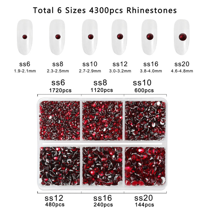 Beadsland 4300 Stück Strasssteine ​​mit flacher Rückseite, Nagelsteine, runde Kristall-Strasssteine ​​zum Basteln, gemischt in 6 Größen mit Picking-Pinzette und Wachsstift-Set – Darksiam