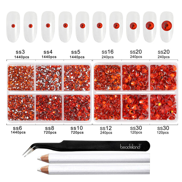 Beadsland 8300PCS Flatback Rhinestones, Nail Gems Round Crystal Rhinestones for Crafts, Mixed 10 Sizes with Wax Pencil and Tweezer Kit, SS3-SS30-Hyacinth/Orange