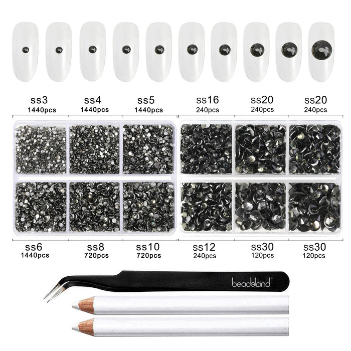 Beadsland 8300PCS Flatback Rhinestones, Nail Gems Round Crystal Rhinestones for Crafts, Mixed 10 Sizes with Wax Pencil and Tweezer Kit, SS3-SS30-Black Diamond