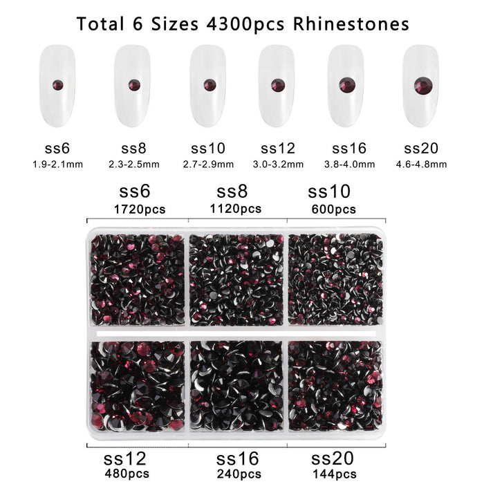 Beadsland 4300 Stück Strasssteine ​​mit flacher Rückseite, Nagelsteine, runde Kristall-Strasssteine ​​zum Basteln, gemischt in 6 Größen, mit Pinzette und Wachsstift-Set, Amethyst