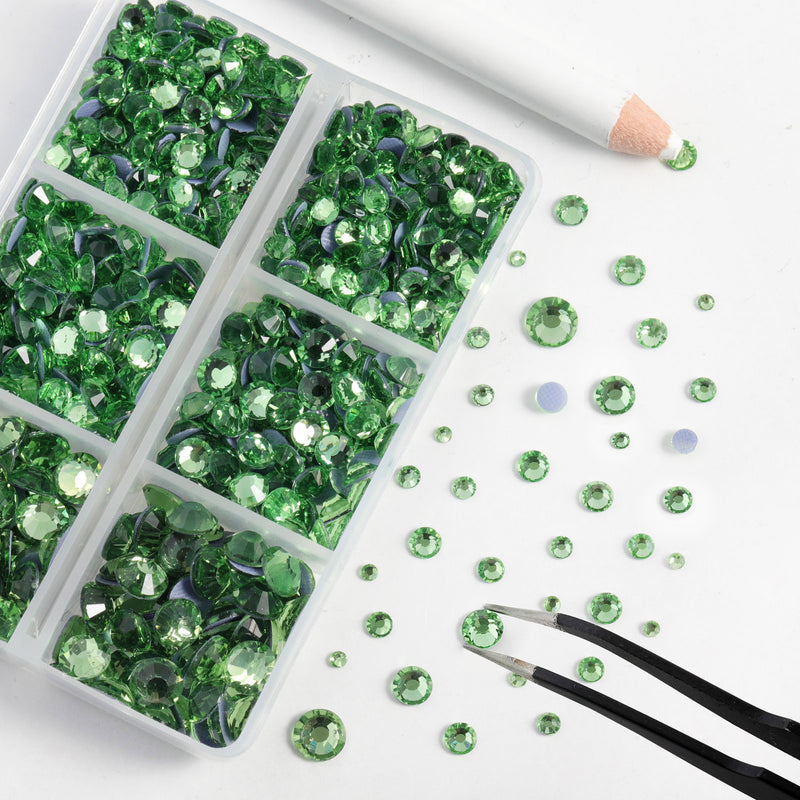 BEADSLAND Hotfix Rhinestones, 6080PCS Light Green Rhinestones for Clothes Crafts Mixed 6 Sizes with Wax Pencil and Tweezers Kit - Peridot