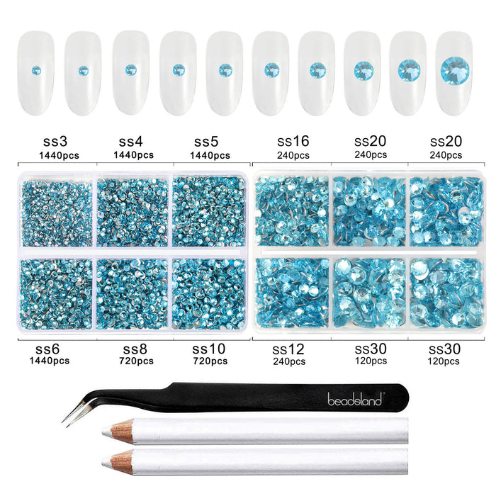 Beadsland 8300PCS Flatback Rhinestones, Nail Gems Round Crystal Rhinestones for Crafts, Mixed 10 Sizes with Wax Pencil and Tweezer Kit, SS3-SS30-Aquamarine