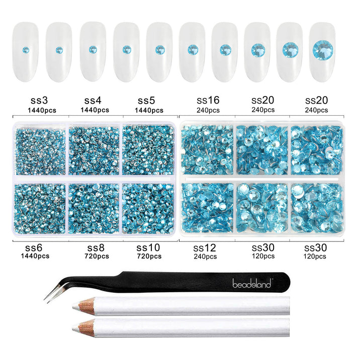 Beadsland 8300PCS Flatback Rhinestones, Nail Gems Round Crystal Rhinestones for Crafts, Mixed 10 Sizes with Wax Pencil and Tweezer Kit, SS3-SS30-Aquamarine