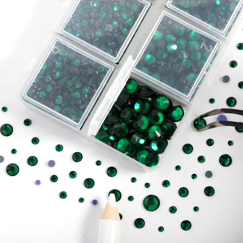 Hotfix Rhinestones 3960pcs, Rhinestone for Clothes, Hot Fix Crystals Rhinestones with Tweezers and Wax Pencil Kit,Mixed 5 Sizes, SS6-SS30, Emerald