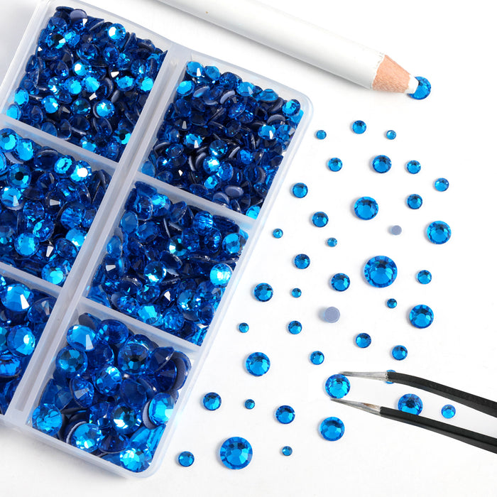 BEADSLAND Hotfix Rhinestones, 6080PCS Blue Rhinestones for Clothes Crafts Mixed 6 Sizes with Wax Pencil and Tweezers Kit - Capri Blue