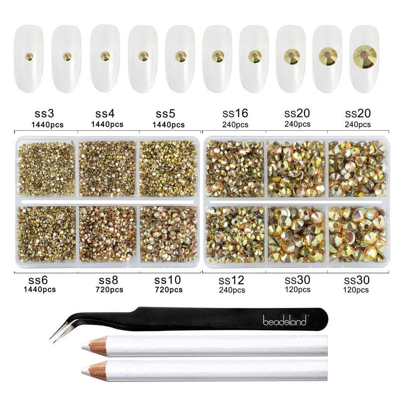 Beadsland 8300PCS Flatback Rhinestones, Nail Gems Round Crystal Rhinestones for Crafts, Mixed 10 Sizes with Wax Pencil and Tweezer Kit, SS3-SS30-Metal Sunlight