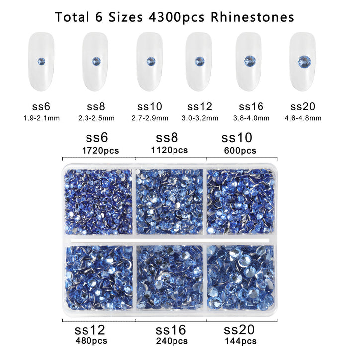 Beadsland 4300 Stück Strasssteine ​​mit flacher Rückseite, Nagelsteine, runde Kristall-Strasssteine ​​zum Basteln, gemischt in 6 Größen, mit Picking-Pinzette und Wachsstift-Set, heller Saphir