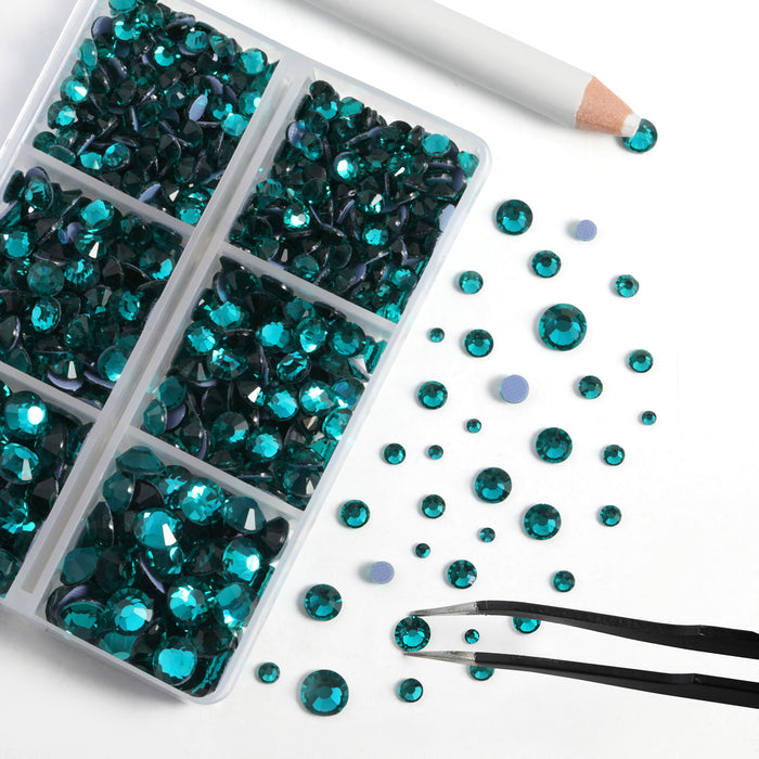 BEADSLAND Hotfix Rhinestones, 6080PCS Blue Rhinestones for Clothes Crafts Mixed 6 Sizes with Wax Pencil and Tweezers Kit - Blue Zircon