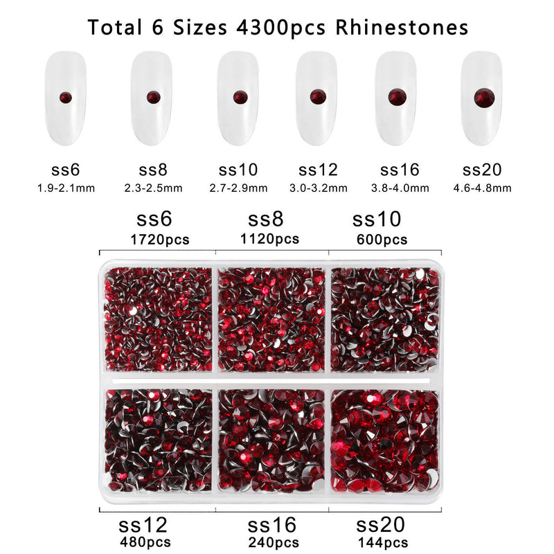 Beadsland 4300pcs Flatback Rhinestones,  Nail Gems Round Crystal Rhinestones for Crafts,Mixed 6 Sizes with Picking Tweezers and Wax Pencil Kit- Dark Siam