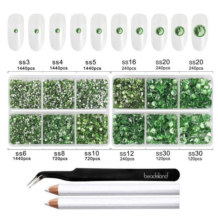 Beadsland 8300PCS Flatback Rhinestones, Nail Gems Round Crystal Rhinestones for Crafts, Mixed 10 Sizes with Wax Pencil and Tweezer Kit, SS3-SS30-Light Green/Peridot