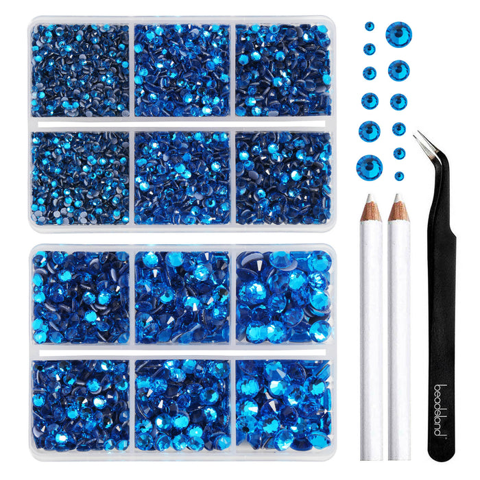 BEADSLAND Hotfix Rhinestones, 6080PCS Blue Rhinestones for Clothes Crafts Mixed 6 Sizes with Wax Pencil and Tweezers Kit - Capri Blue