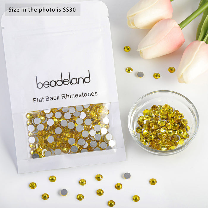 Beadsland Kristall-Strasssteine ​​mit flacher Rückseite, runde Edelsteine ​​für Nagelkunst und Kunsthandwerk, zum Kleben – Zitronengelb