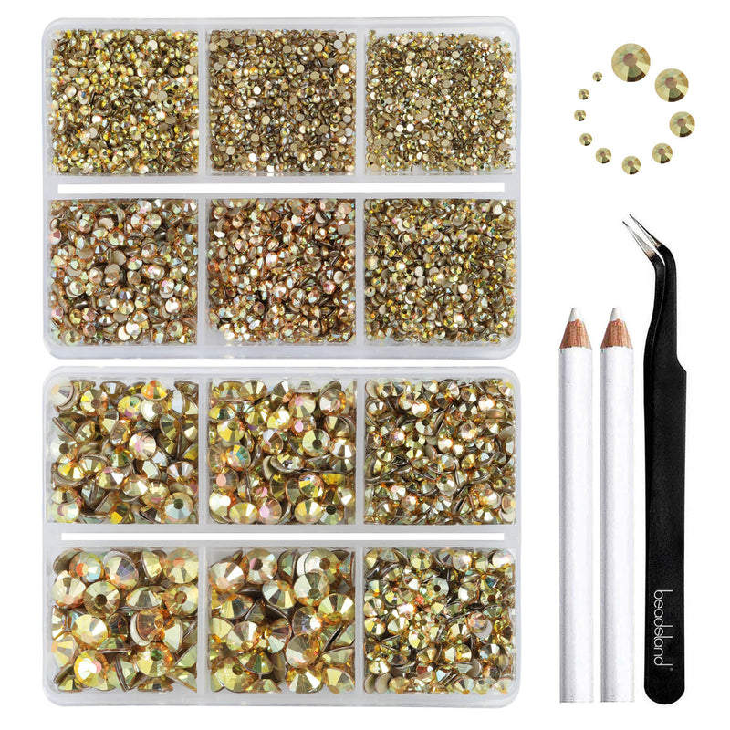 Beadsland 8300PCS Flatback Rhinestones, Nail Gems Round Crystal Rhinestones for Crafts, Mixed 10 Sizes with Wax Pencil and Tweezer Kit, SS3-SS30-Metal Sunlight