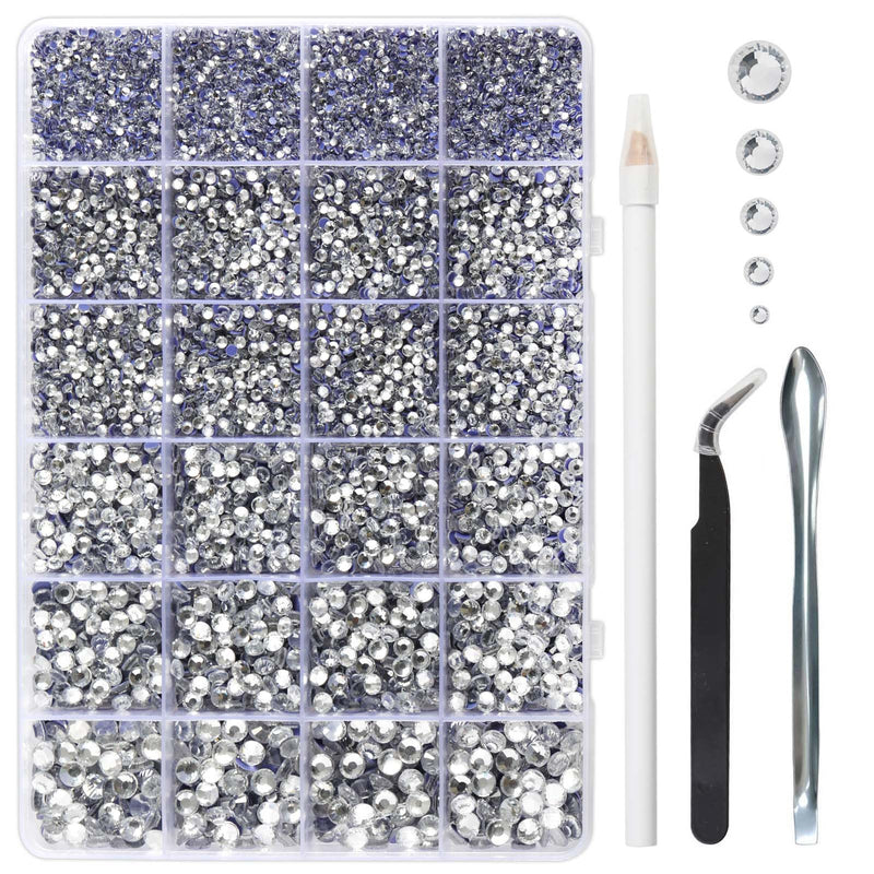 Hotfix Rhinestones Multi Sizes Kit, 14400 pcs Heat Fix Rhinestone for Bedazzling Clothes Crafts Mixed 5 Sizes with Wax Pencil, Tweezers and Spoon, SS6-SS30, Clear AB