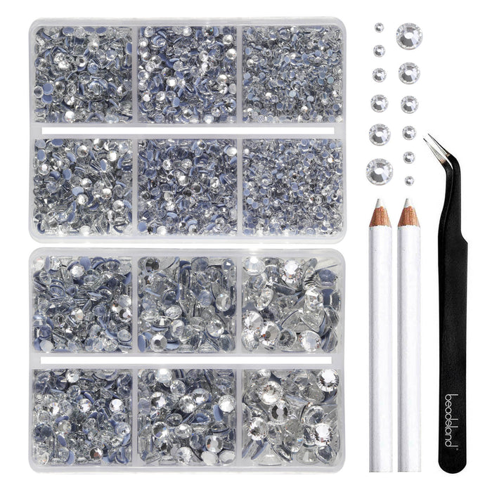 BEADSLAND Hotfix Rhinestones, 6080PCS Clear Rhinestones for Clothes Crafts Mixed 6 Sizes with Wax Pencil and Tweezers Kit - Crystal