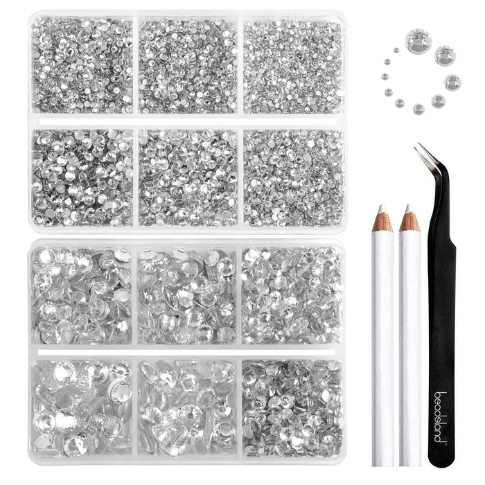 Beadsland 8300 piezas de diamantes de imitación con reverso plano, gemas para uñas, diamantes de imitación de cristal redondos para manualidades, 10 tamaños mezclados con lápiz de cera y kit de pinzas, SS3-SS30 - Cristal