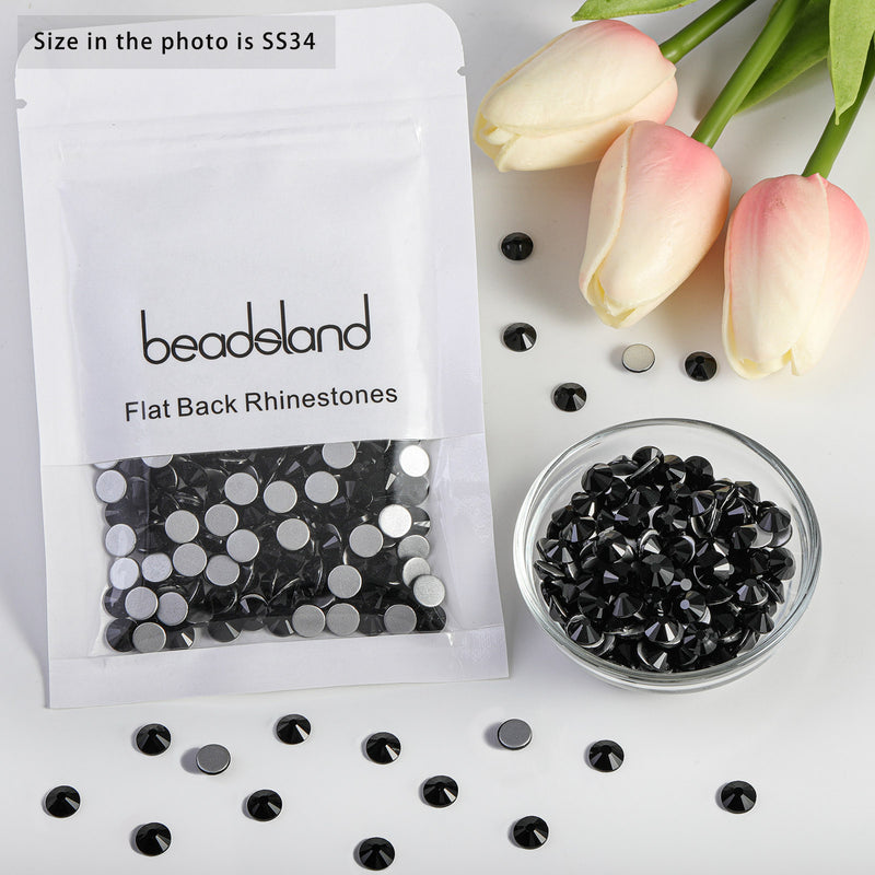 Beadsland Flat Back Crystal Rhinestones Round Gems For Nail Art And Craft Glue Fix - Black