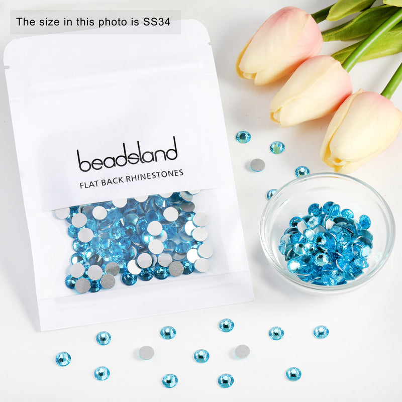 Beadsland Flat Back Crystal Rhinestones Round Gems For Nail Art And Craft Glue Fix - Aquamarine