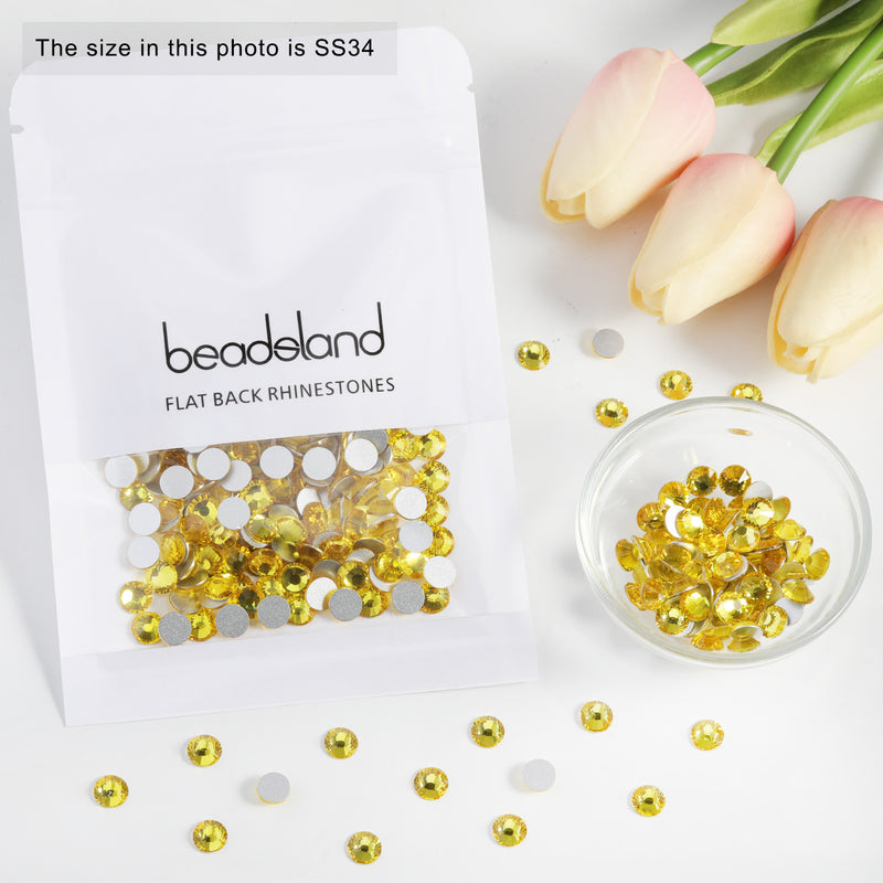 Beadsland Flat Back Crystal Rhinestones Round Gems For Nail Art And Craft Glue Fix - Lemon Yellow