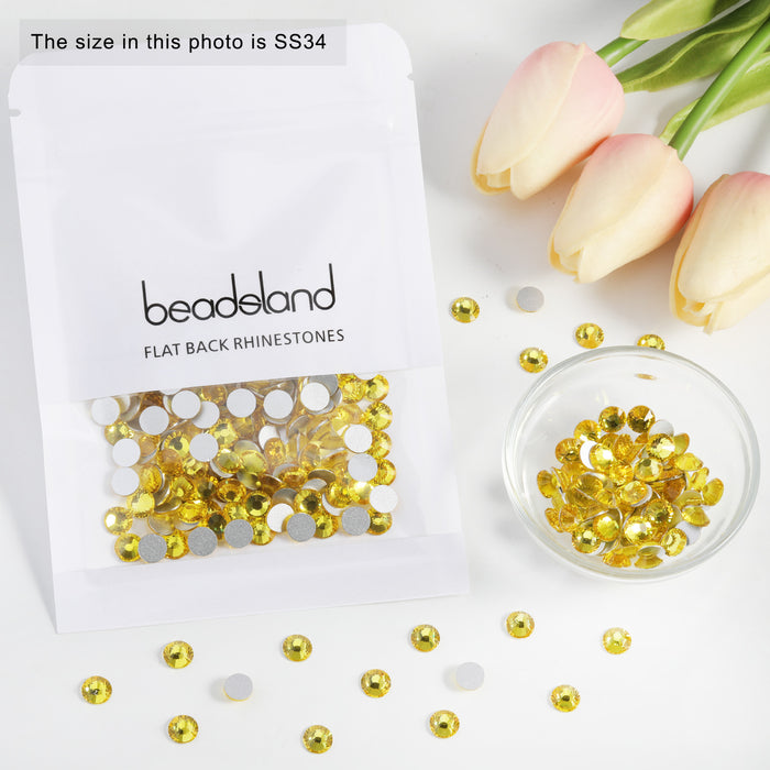 Beadsland Kristall-Strasssteine ​​mit flacher Rückseite, runde Edelsteine ​​für Nagelkunst und Kunsthandwerk, zum Kleben – Zitronengelb