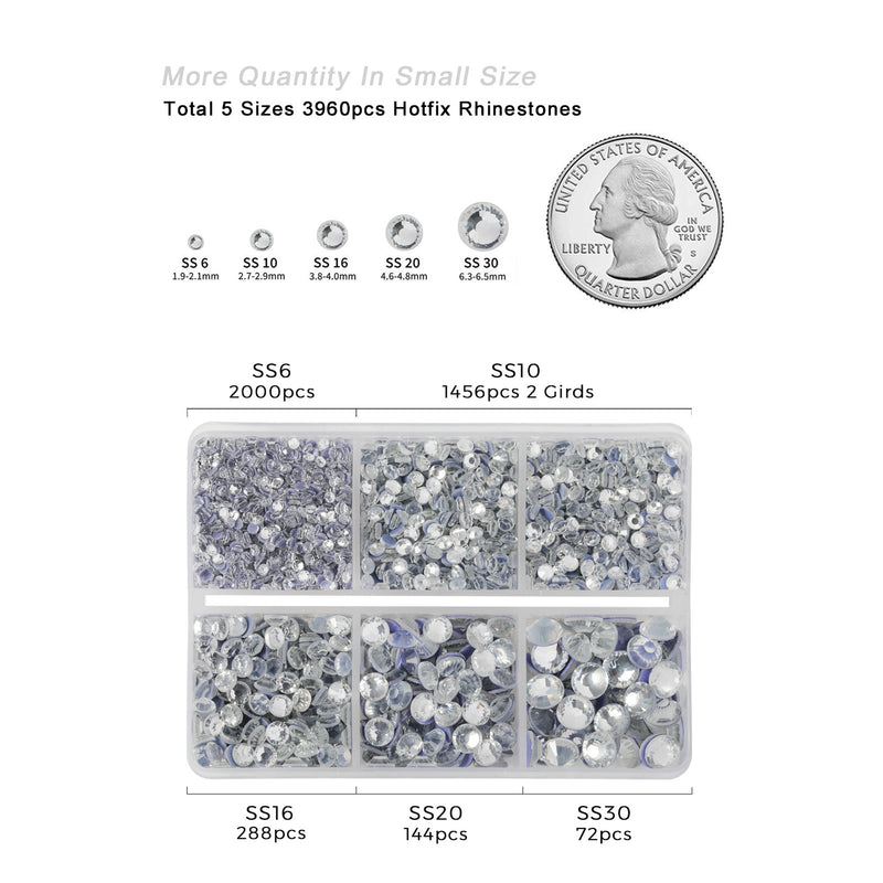 Hotfix Rhinestones 3960pcs, Rhinestone for Clothes, Hot Fix Crystals Rhinestones with Tweezers and Wax Pencil Kit,Mixed 5 Sizes, SS6-SS30, Crystal