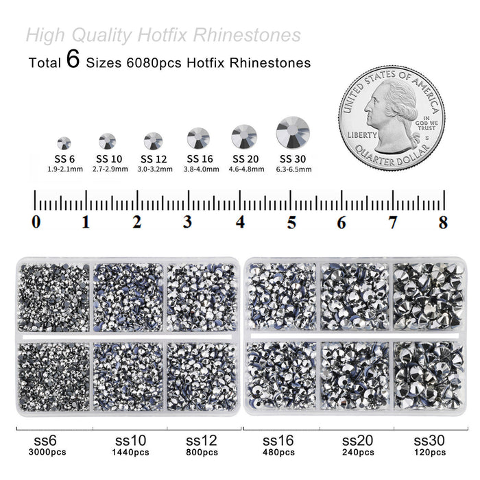 BEADSLAND Hotfix Rhinestones, 6080PCS Silver Rhinestones for Clothes Crafts Mixed 6 Sizes with Wax Pencil and Tweezers Kit - Silver Hematite