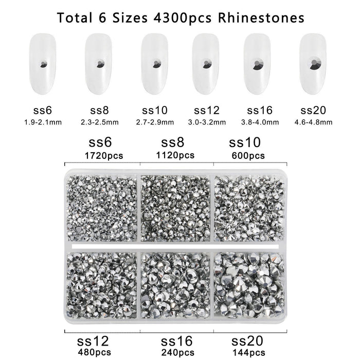 Beadsland 4300pcs Flatback Rhinestones,  Nail Gems Round Crystal Rhinestones for Crafts,Mixed 6 Sizes with Picking Tweezers and Wax Pencil Kit- Silver Hematite